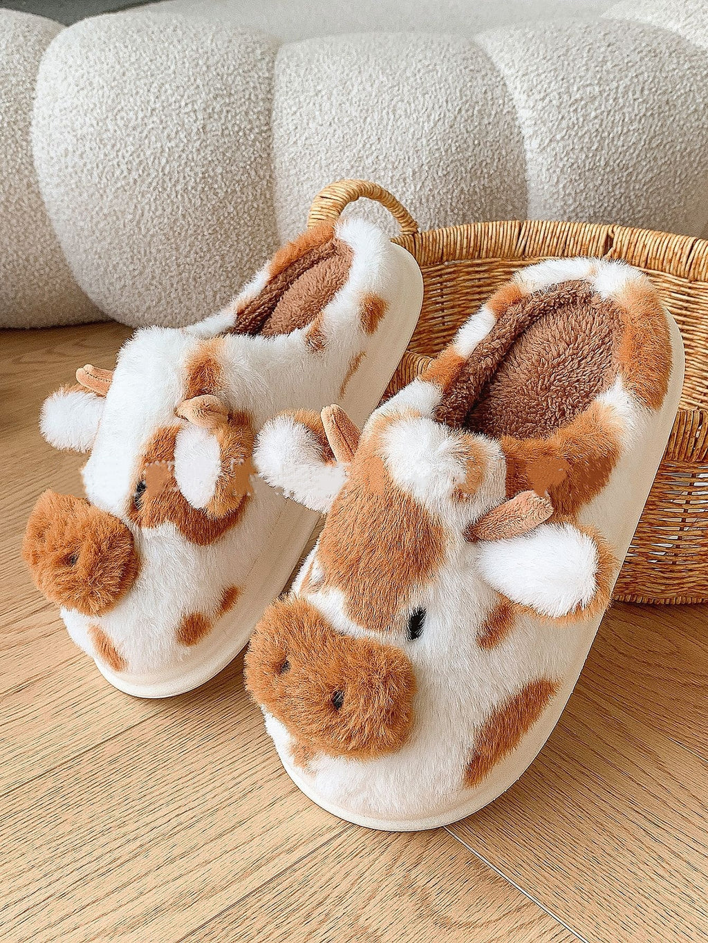 Zapatillas de vaca marrón junto a una cesta