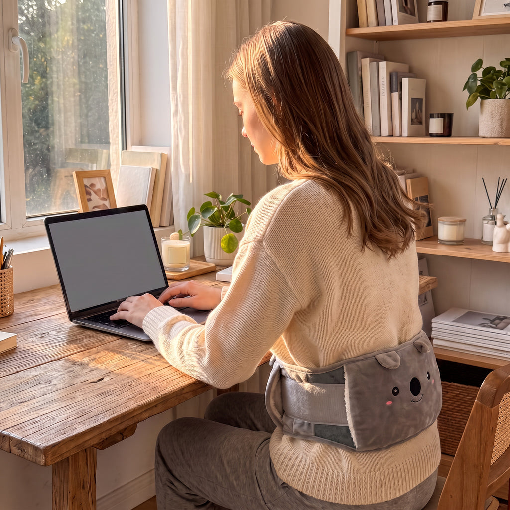 Mujer trabajando en el escritorio con el cinturón de peluche koala en la zona lumbar