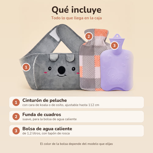 Qué incluye: cinturón de peluche con cara de koala, funda de cuadros y bolsa de agua caliente de 1,2 litros