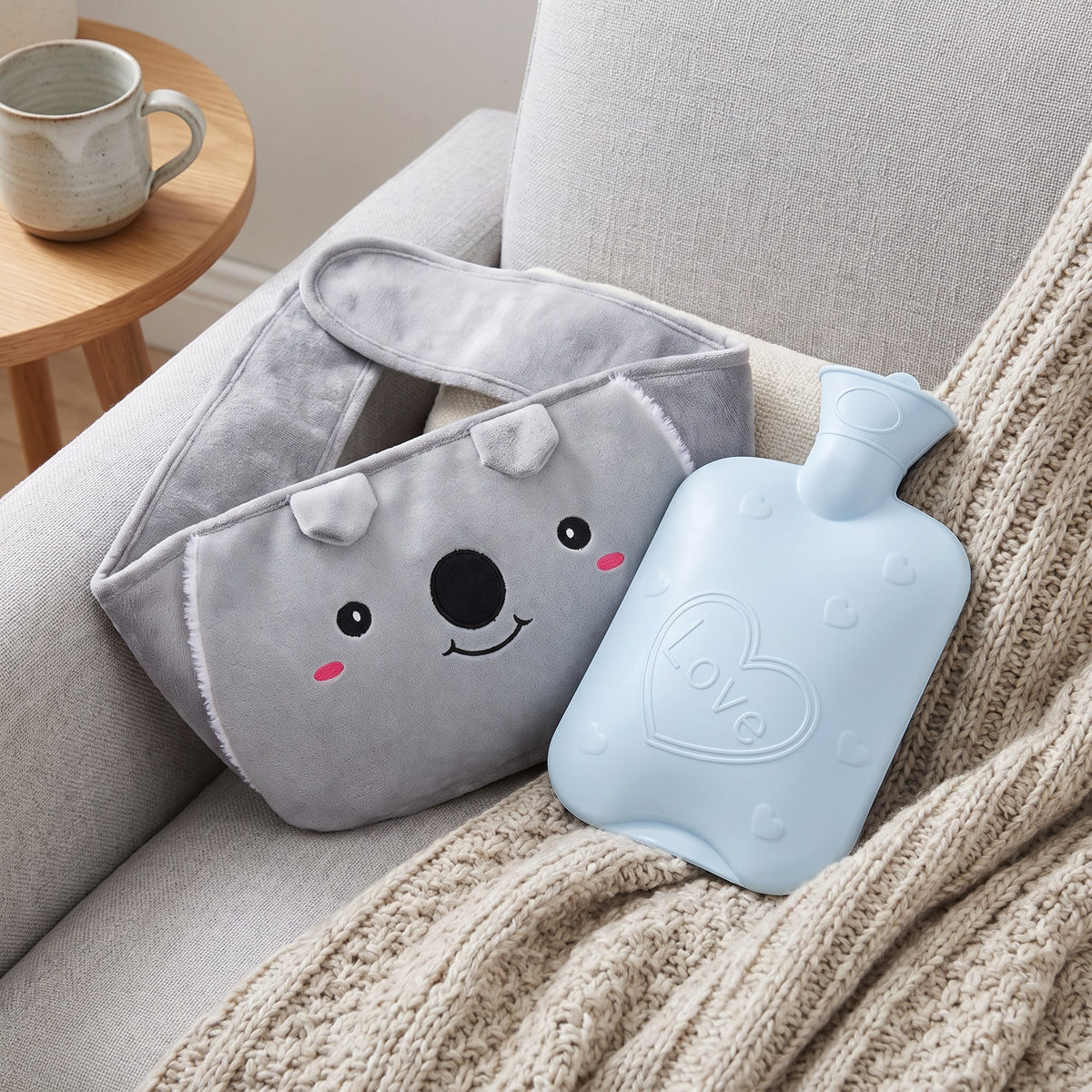 Bolsa de agua caliente con cinturón de peluche, koala con bolsa azul