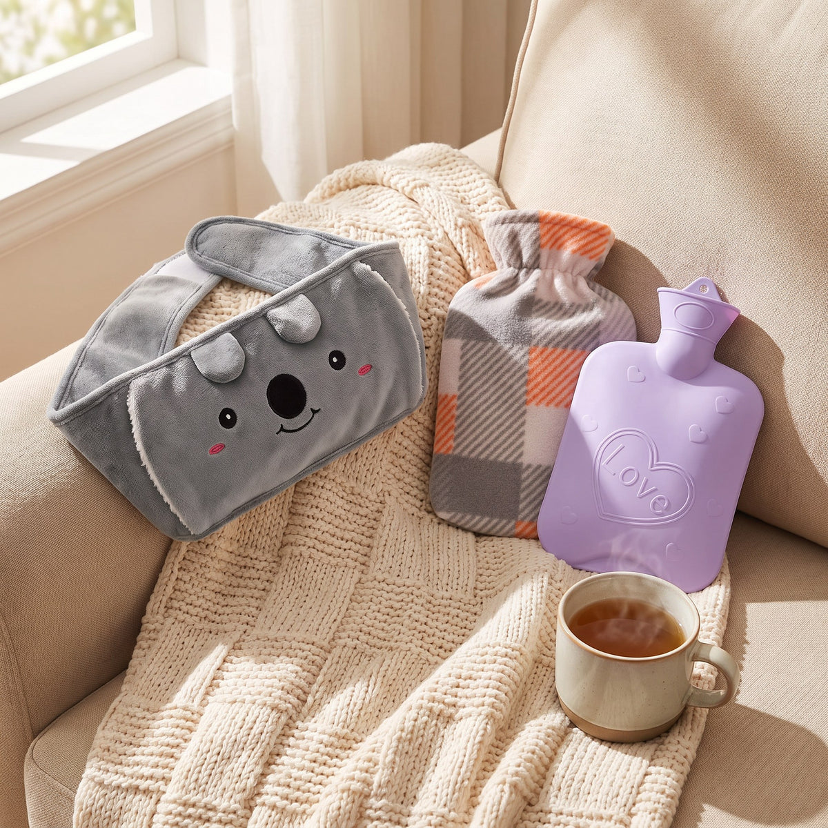 Bolsa de agua caliente con cinturón de peluche, koala con bolsa lila