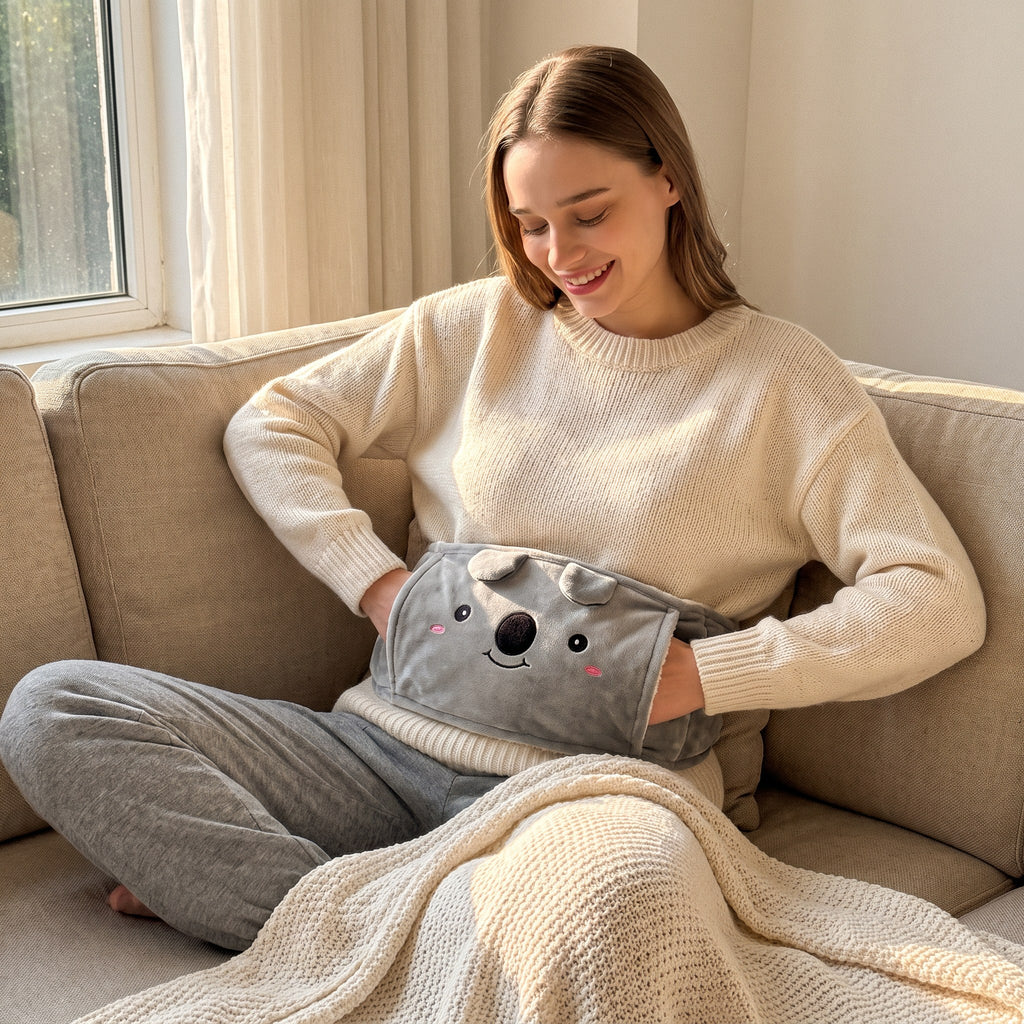 Mujer en el sofá con el cinturón de peluche koala puesto y las manos dentro