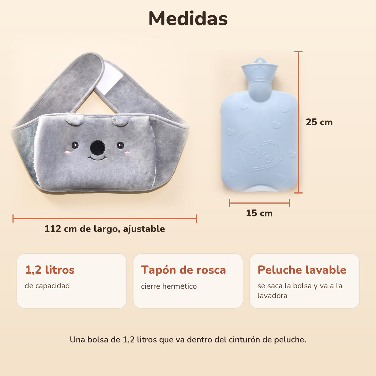 Medidas: cinturón de 112 cm, bolsa de 25 por 15 cm y 1,2 litros de capacidad