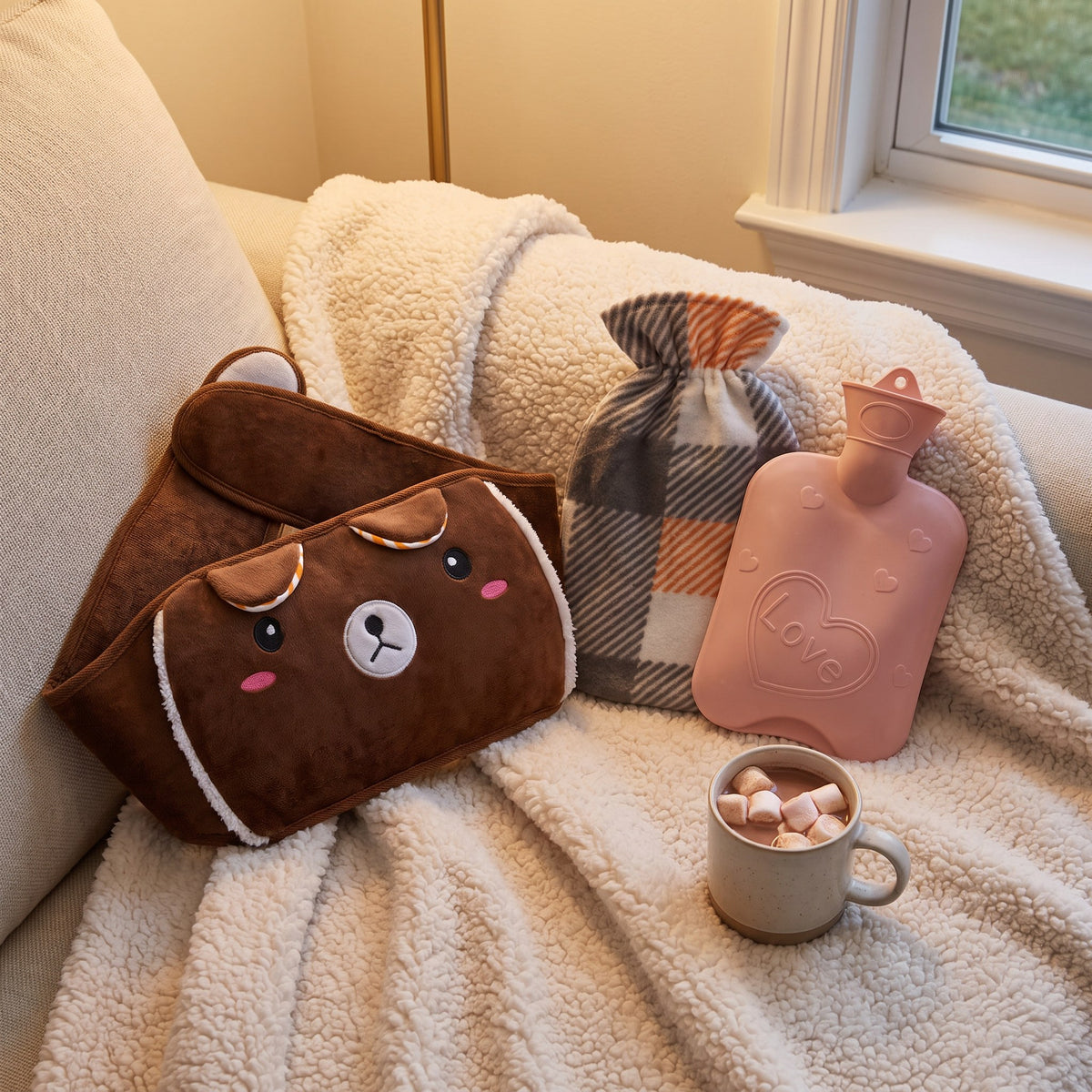 Bolsa de agua caliente con cinturón de peluche, osito con bolsa rosa
