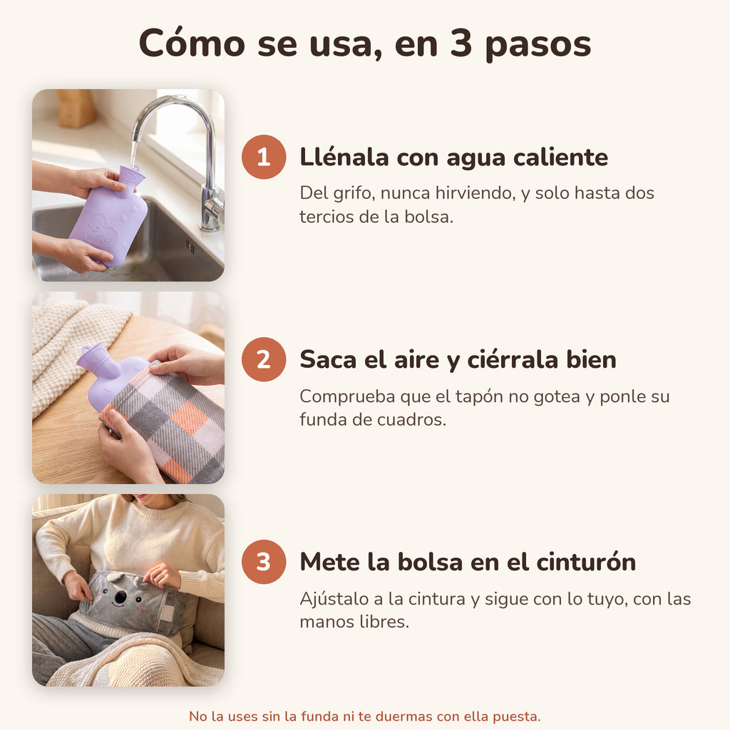 Cómo se usa en 3 pasos: llenar la bolsa con agua caliente, cerrarla con su funda y meterla en el cinturón
