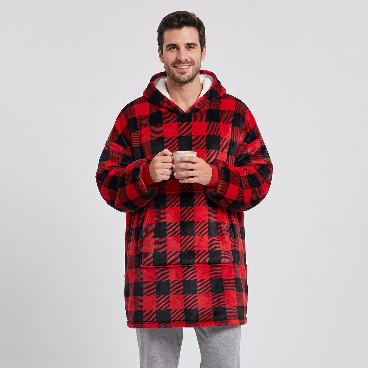 Sudadera manta oversize con capucha, diseño Cuadros rojos