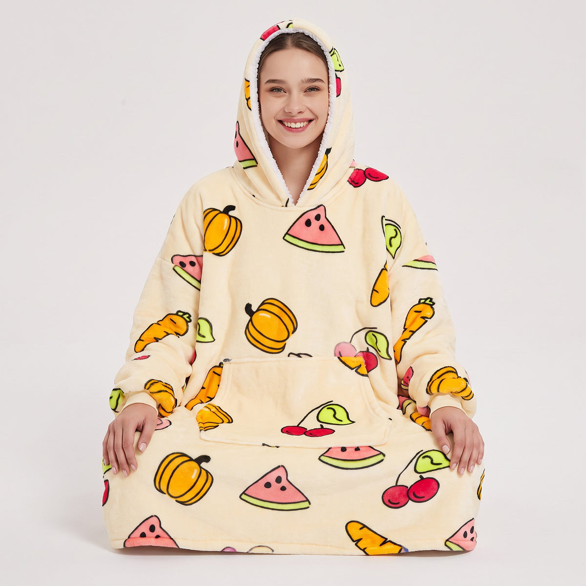 Sudadera manta oversize con capucha, diseño Frutas