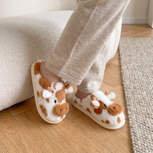 Zapatillas de casa de peluche, vaca marrón