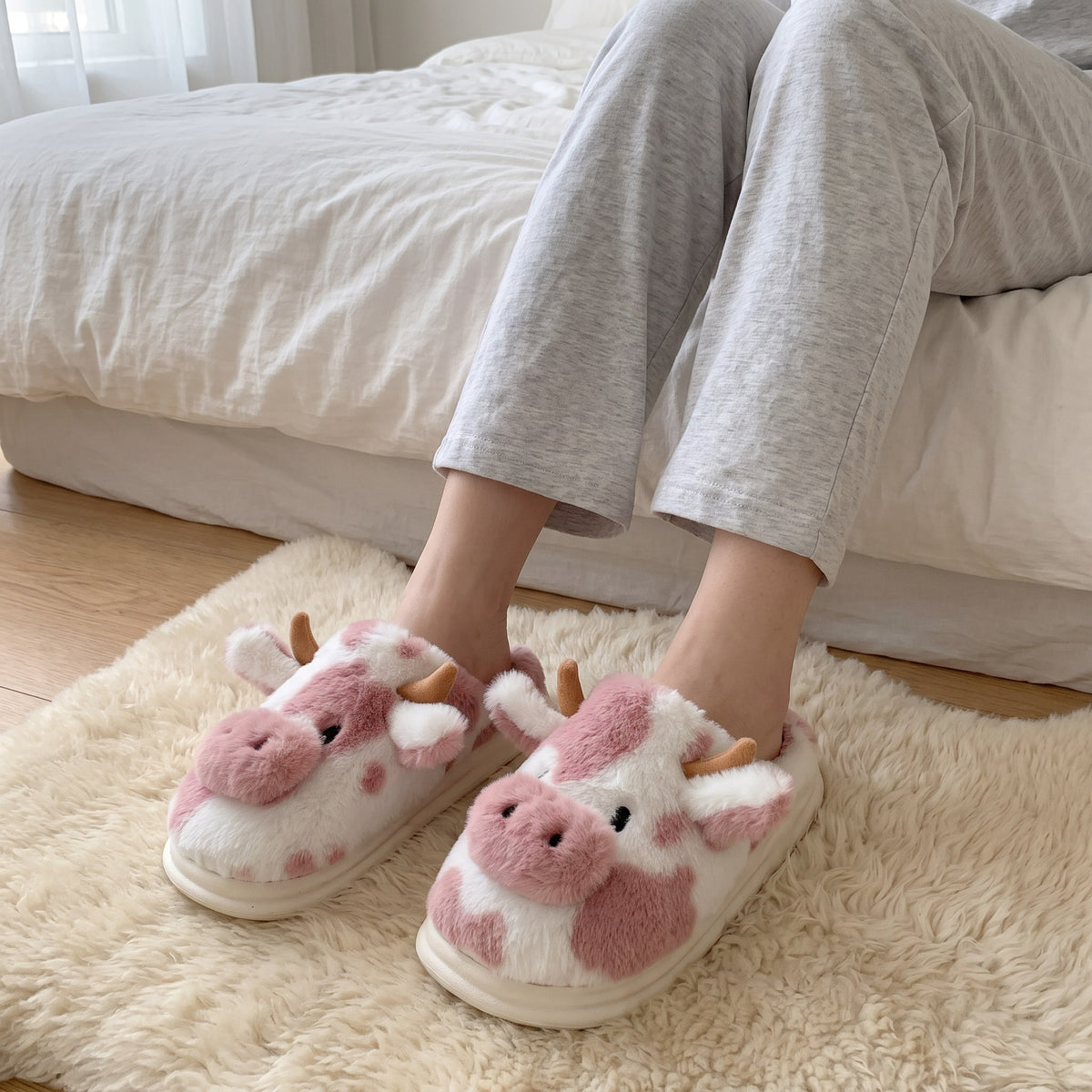 Zapatillas de casa de peluche, vaca rosa